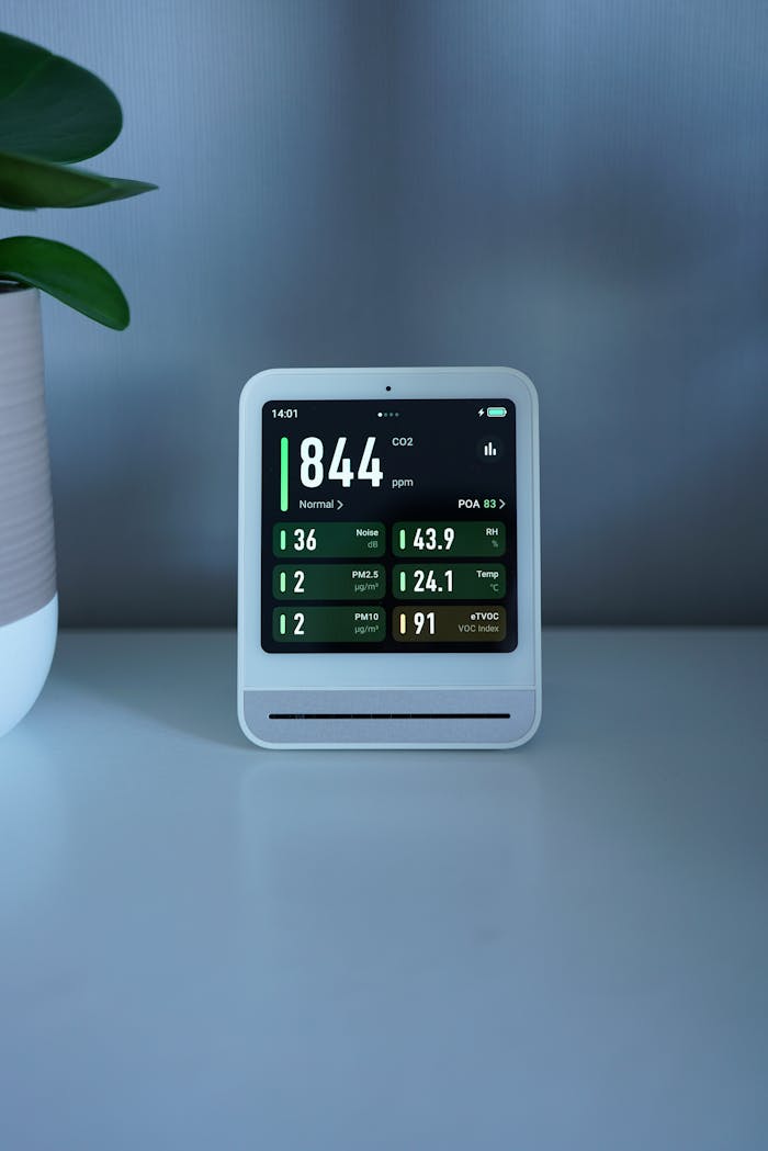 A sleek air quality monitor displays CO2 and particle levels, set on a modern desk indoors.